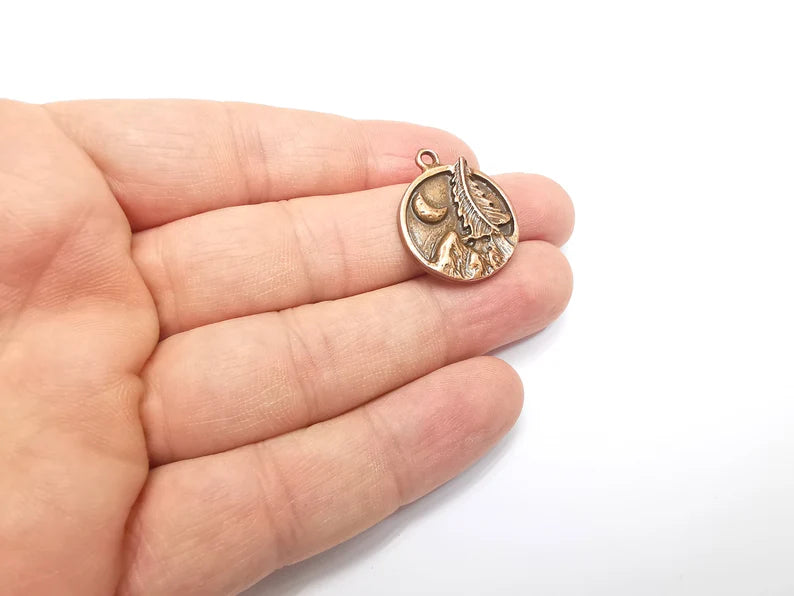 Mountain Tree and Crescent Charms Landscape Tree Moon Charms Pendant Antique Copper Plated Charms (28x24mm) G29431