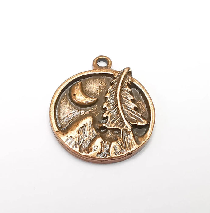 Mountain Tree and Crescent Charms Landscape Tree Moon Charms Pendant Antique Copper Plated Charms (28x24mm) G29431