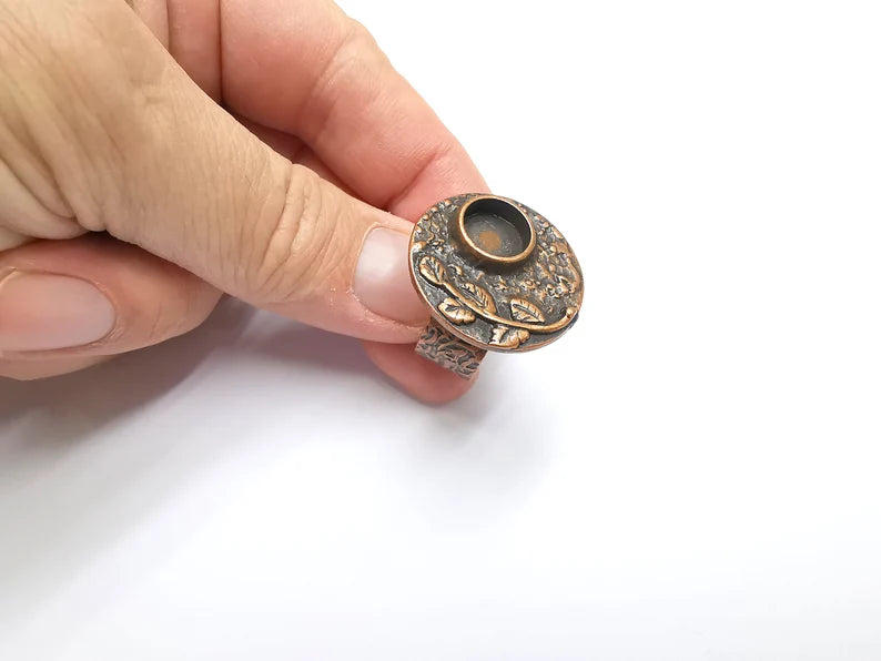 Leafy Ring Blank Settings, Cabochon Mounting, Adjustable Resin Ring Base Bezels, Antique Copper Plated Ring Frame (8mm) G29453