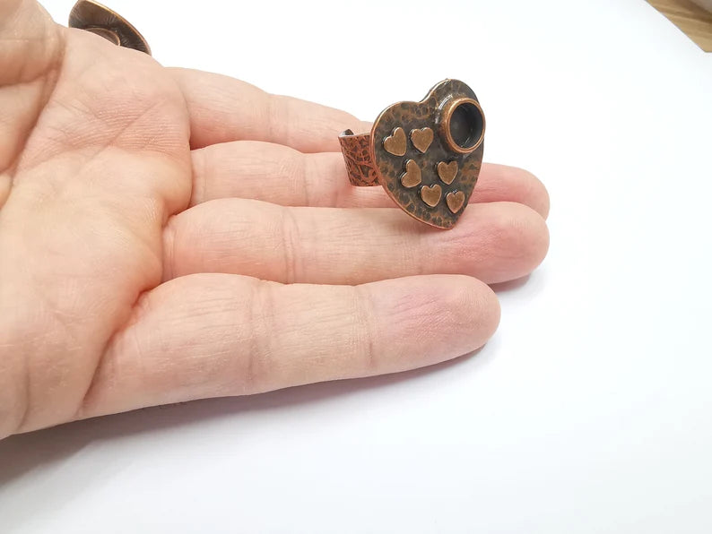 Hearts Ring Blank Settings, Cabochon Mounting, Adjustable Resin Ring Base Bezels, Antique Copper Plated Ring Frame (8mm) G29461