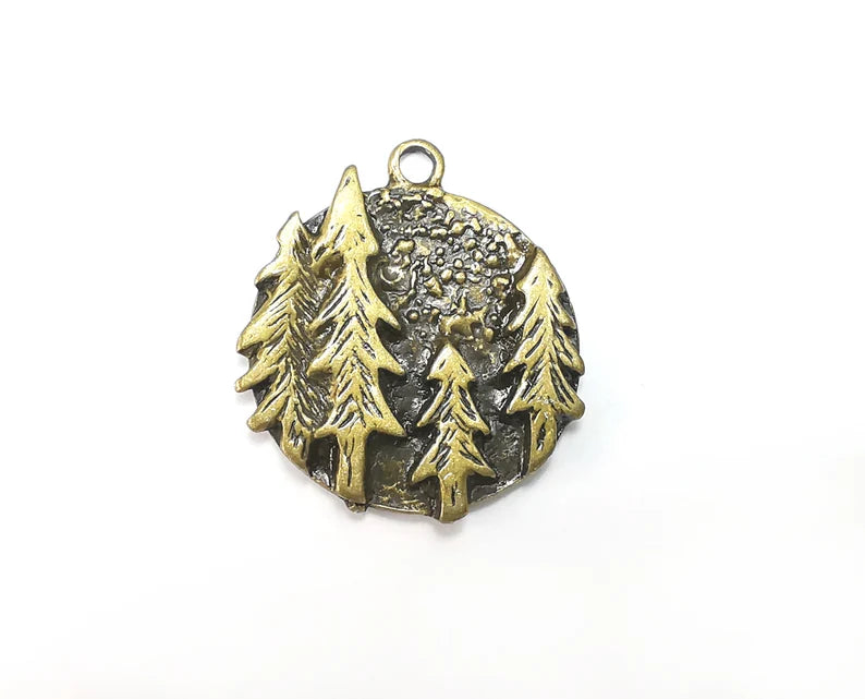 Pines Tree Charms Antique Bronze Plated Round Charms (32x28mm) G29173