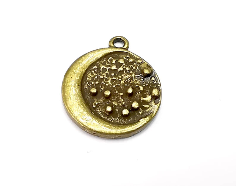 2 Crescent Stars Charms, Antique Bronze Plated Round Charms (24x20mm) G29175