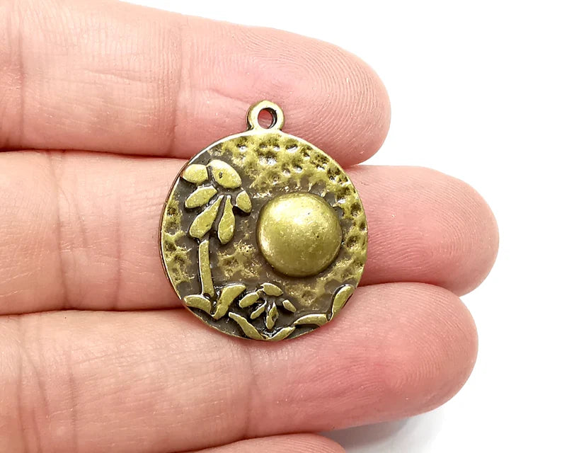 Flower Leaf Charms, Moon Hammered Disc Charms, Antique Bronze Plated (28x24mm) G29180