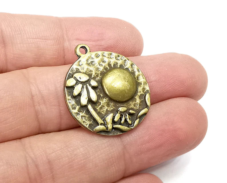 Flower Leaf Charms, Moon Hammered Disc Charms, Antique Bronze Plated (28x24mm) G29180