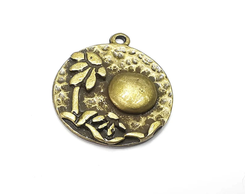 Flower Leaf Charms, Moon Hammered Disc Charms, Antique Bronze Plated (28x24mm) G29180