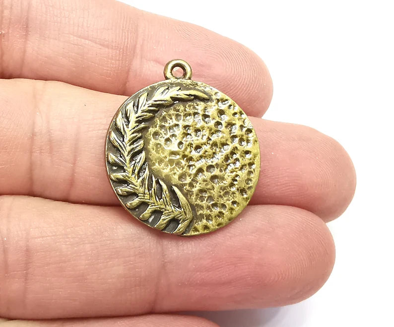 Fern Leaf Charms Hammered Disc Pendant Antique Bronze Plated (28x25mm) G29187