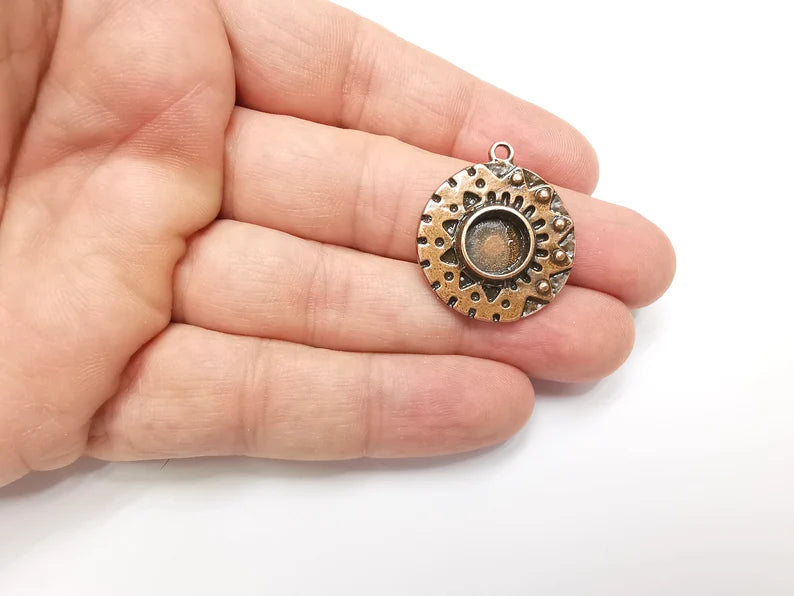 Antique Copper Charms Pendant Bezel, Resin Blank, inlay Mounting, Mosaic Frame Cabochon Base, Antique Copper Plated (8mm) G29186