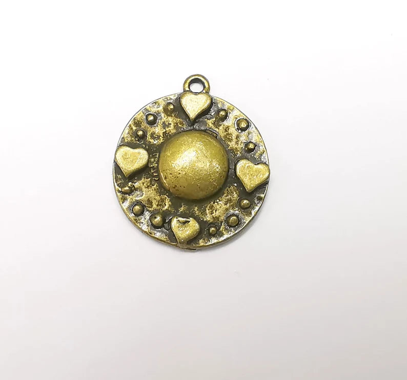 Heart Charms, Hammered Disc Moon Pendant, Antique Bronze Plated (28x25mm) G29191