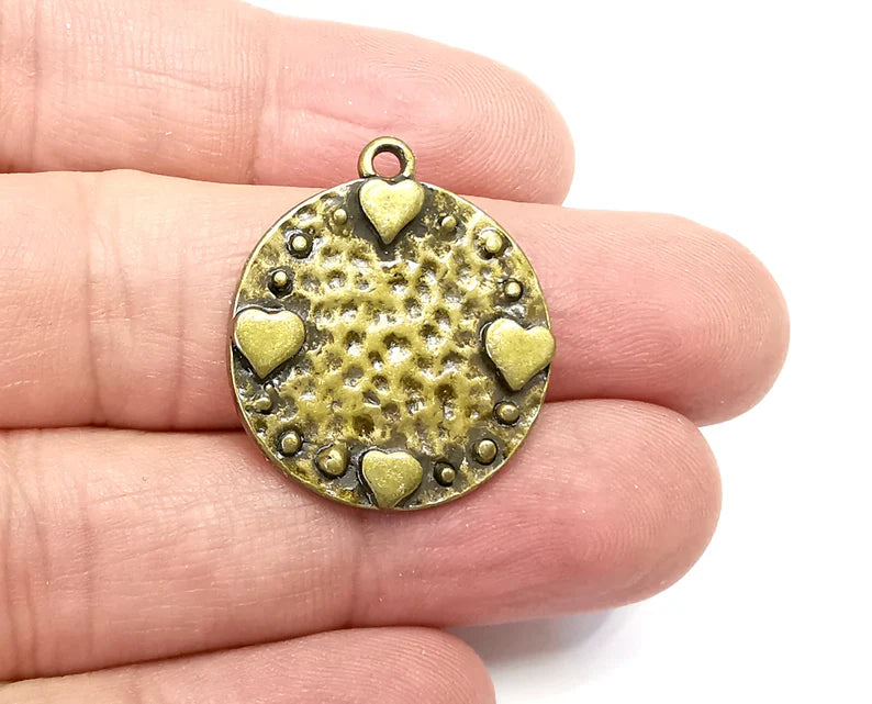 Heart Charms Hammered Disc Pendant Antique Bronze Plated (28x25mm) G29194