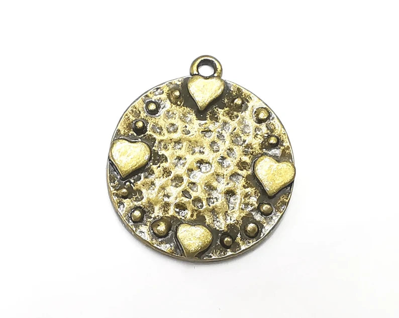 Heart Charms Hammered Disc Pendant Antique Bronze Plated (28x25mm) G29194