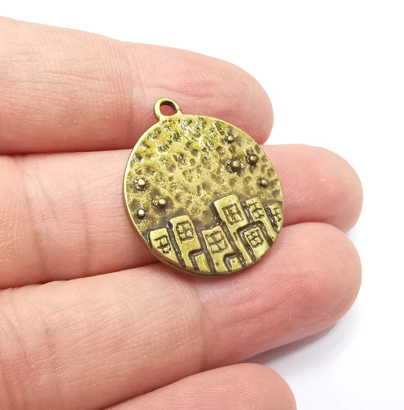 City Skyscrapers Charms Hammered Pendant Antique Bronze Plated (27x24mm) G29192