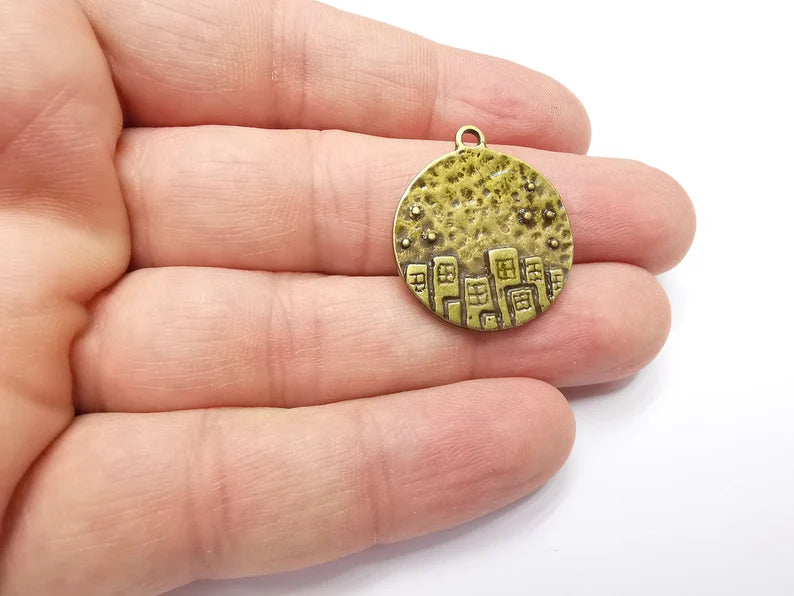City Skyscrapers Charms Hammered Pendant Antique Bronze Plated (27x24mm) G29192