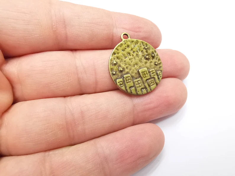 City Skyscrapers Charms Hammered Pendant Antique Bronze Plated (27x24mm) G29192