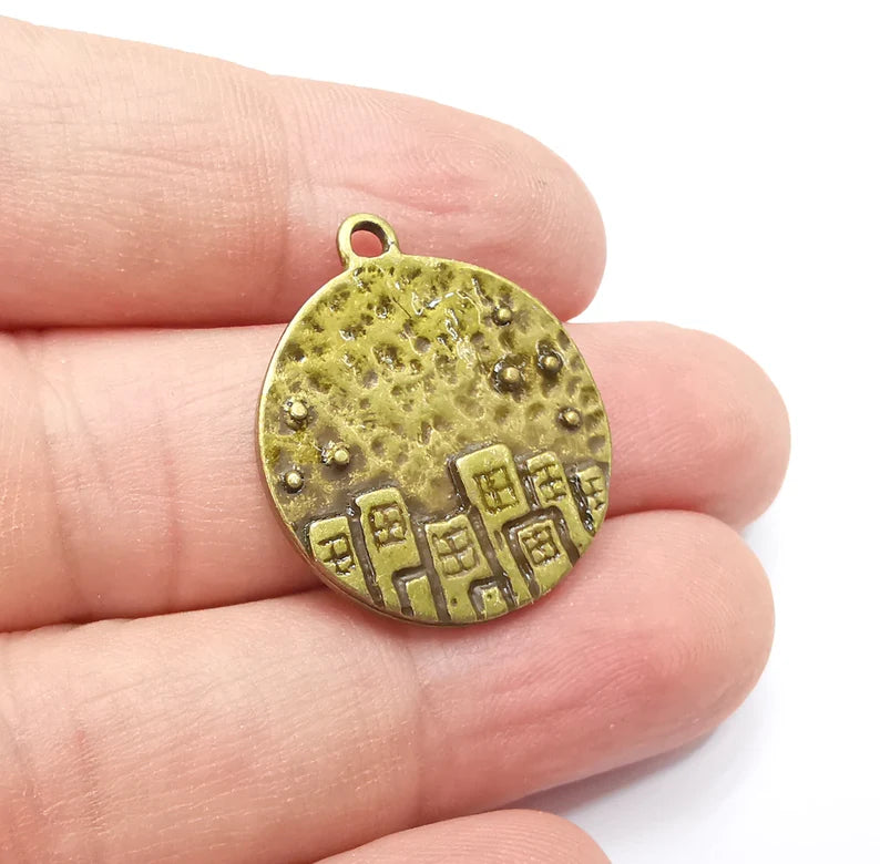 City Skyscrapers Charms Hammered Pendant Antique Bronze Plated (27x24mm) G29192