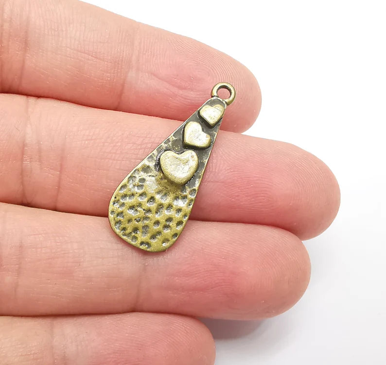 2 Heart Charms Hammered Teardrop Pendant Antique Bronze Plated (33x13mm) G29198