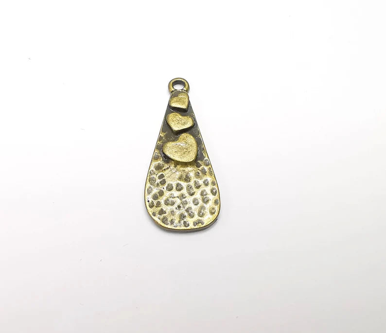 2 Heart Charms Hammered Teardrop Pendant Antique Bronze Plated (33x13mm) G29198