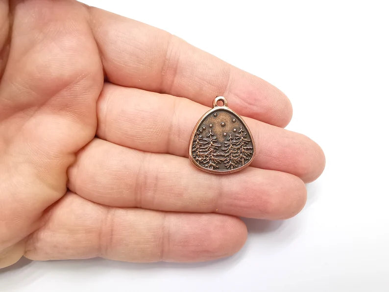 Winter Mountain Landscape Pine Tree Oval Pendant Charms Antique Copper Plated Charms (25x22mm) G29202