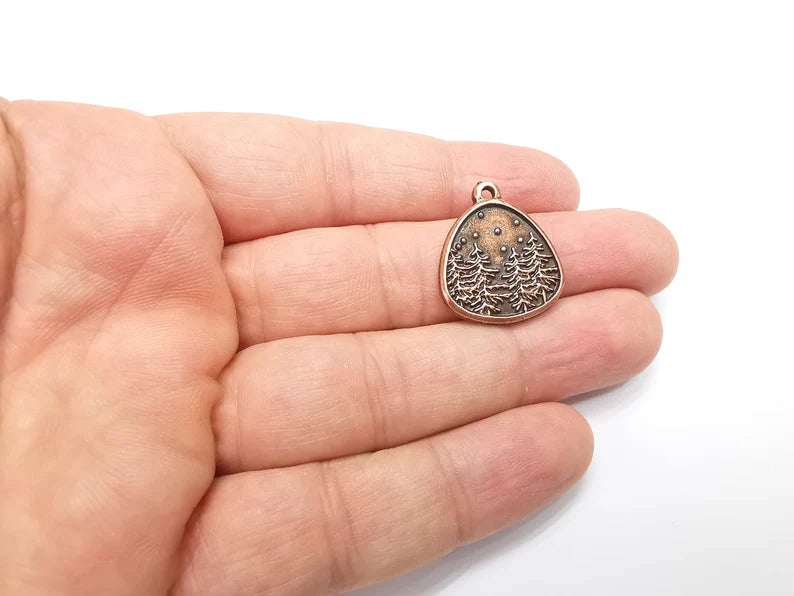 Winter Mountain Landscape Pine Tree Oval Pendant Charms Antique Copper Plated Charms (25x22mm) G29202