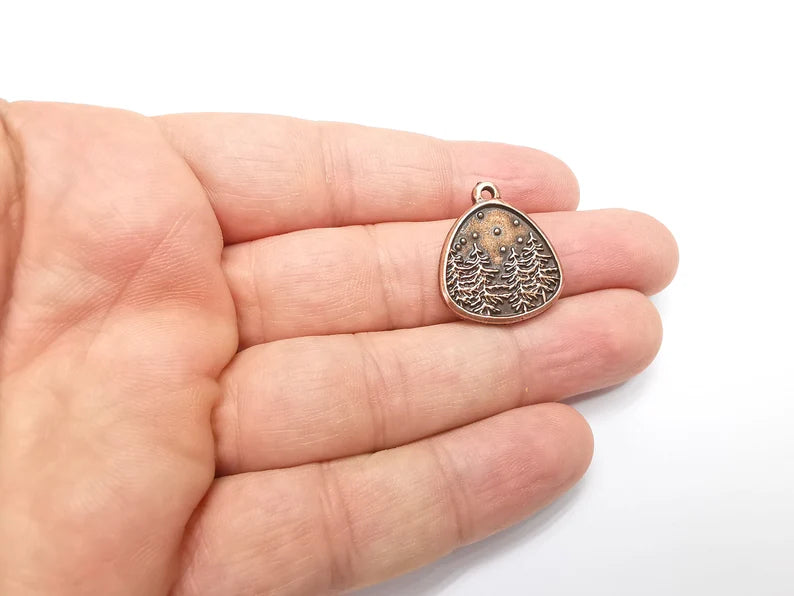 Winter Mountain Landscape Pine Tree Oval Pendant Charms Antique Copper Plated Charms (25x22mm) G29202