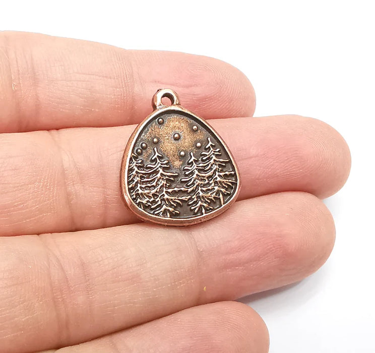 Winter Mountain Landscape Pine Tree Oval Pendant Charms Antique Copper Plated Charms (25x22mm) G29202