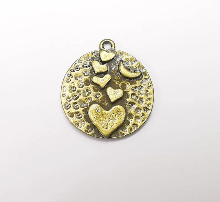 Heart Crescent Charms, Moon Charms, Hammered Disc Pendant, Antique Bronze Plated (29x27mm) G29205