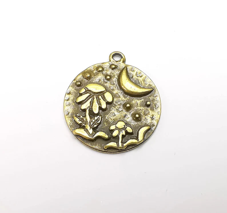 Daisy Flower Leaf Charms Crescent Star Hammered Disc Pendant Antique Bronze Plated (27x24mm) G29229