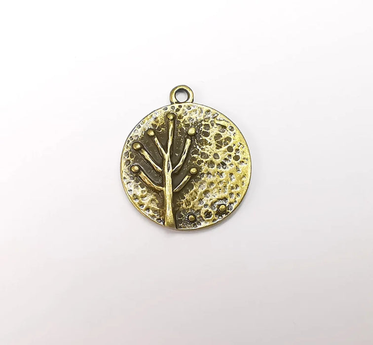 Plant Tree Charms Hammered Round Full Moon Pendant Antique Bronze Plated Charms (26x22mm) G29238