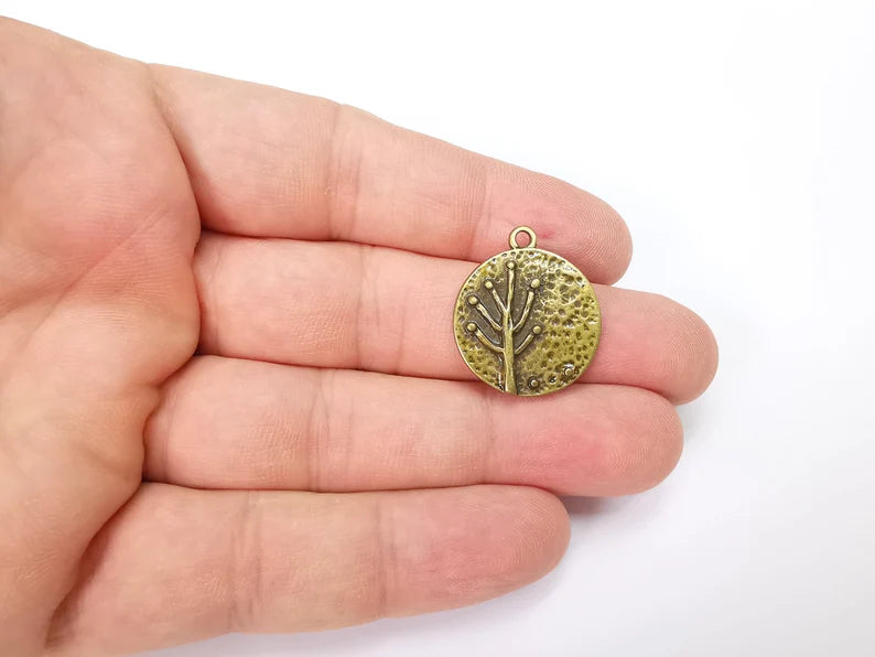 Plant Tree Charms Hammered Round Full Moon Pendant Antique Bronze Plated Charms (26x22mm) G29238