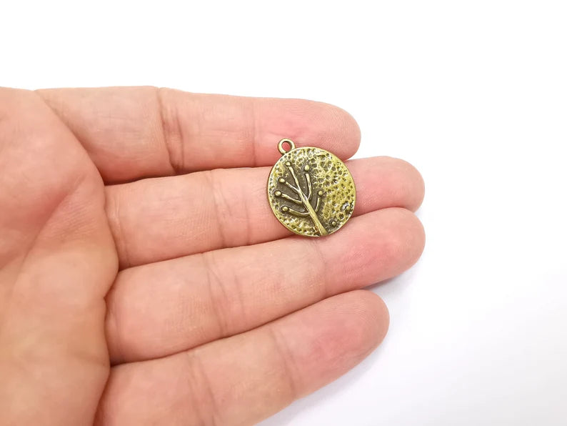 Plant Tree Charms Hammered Round Full Moon Pendant Antique Bronze Plated Charms (26x22mm) G29238