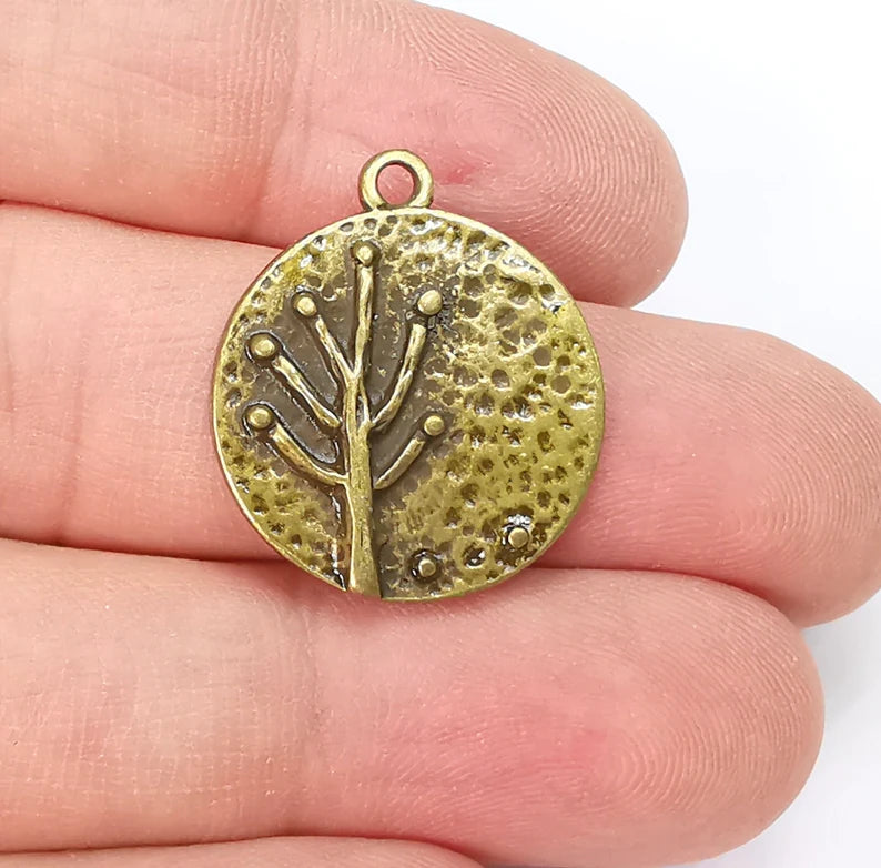 Plant Tree Charms Hammered Round Full Moon Pendant Antique Bronze Plated Charms (26x22mm) G29238