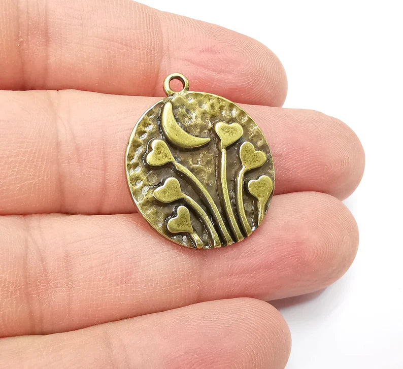 Heart Charms Crescent Moon Charms Hammered Disc Pendant Antique Bronze Plated (29x25mm) G29240
