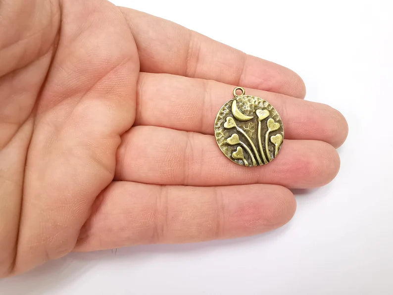 Heart Charms Crescent Moon Charms Hammered Disc Pendant Antique Bronze Plated (29x25mm) G29240