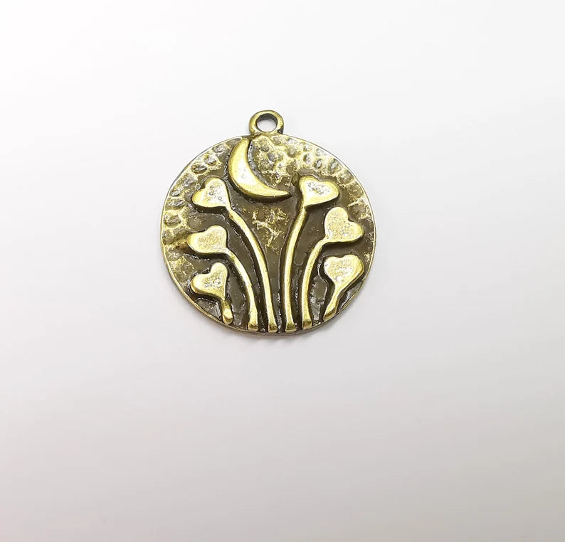 Heart Charms Crescent Moon Charms Hammered Disc Pendant Antique Bronze Plated (29x25mm) G29240