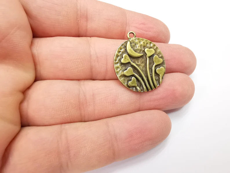 Heart Charms Crescent Moon Charms Hammered Disc Pendant Antique Bronze Plated (29x25mm) G29240