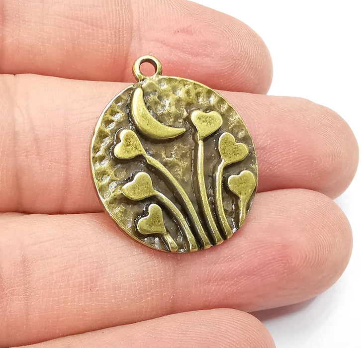 Heart Charms Crescent Moon Charms Hammered Disc Pendant Antique Bronze Plated (29x25mm) G29240