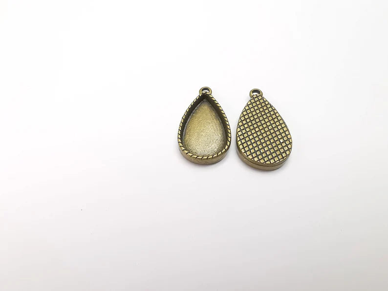 2 Teardrop Charm Bezel, Resin Blank, Mosaic Pendant Frame, Cabochon Base,Dry Flower Setting, Antique Bronze Plated (23x14mm) G29241