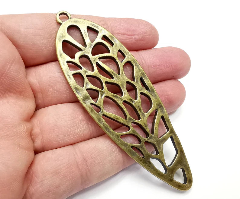 Hammered Leaf Charms Pendant, Antique Bronze Plated (96x33mm) G29462