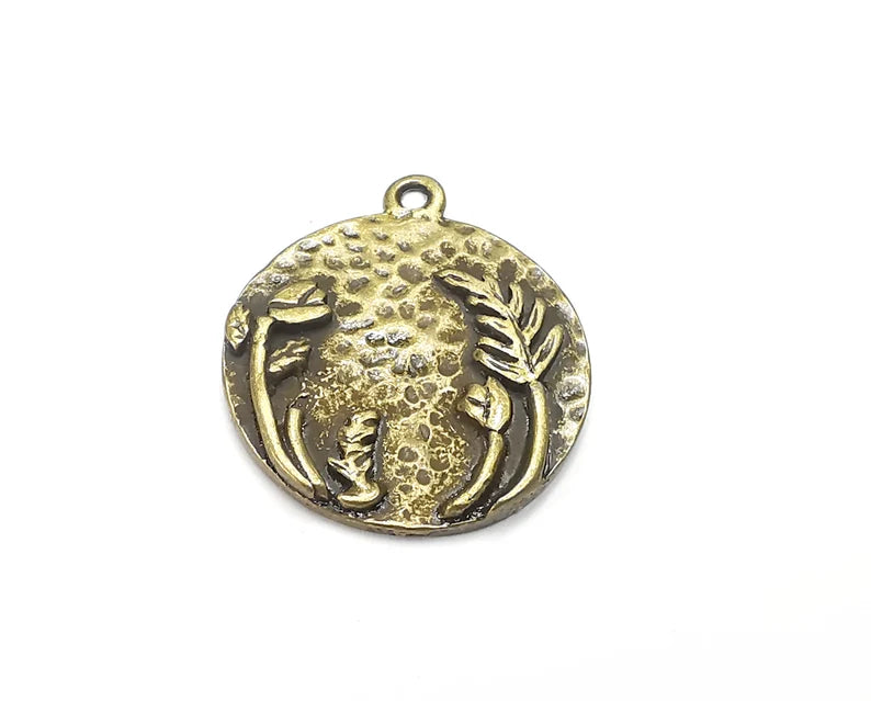 Tulip, Fern Flowers Charms, Hammered Disc Pendant Antique Bronze Plated (28x25mm) G29243