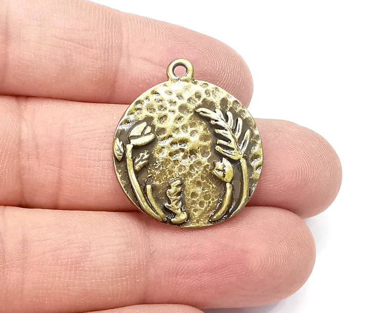 Tulip, Fern Flowers Charms, Hammered Disc Pendant Antique Bronze Plated (28x25mm) G29243