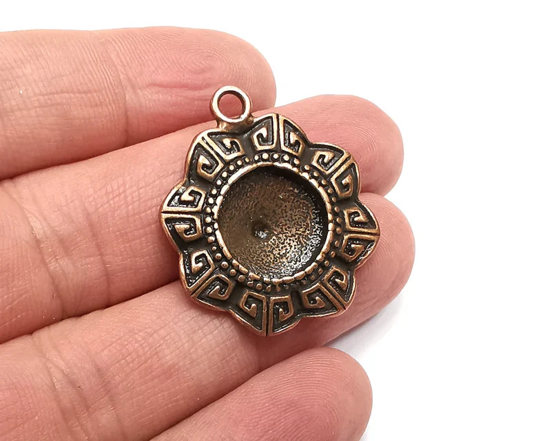 Ethnic Charms Pendant Bezels, Resin Blank, inlay Mountings, Mosaic Frame, Cabochon Bases Flower Settings Antique Copper (14mm) G29471