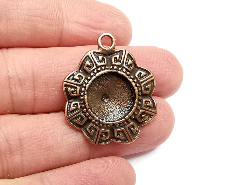 Ethnic Charms Pendant Bezels, Resin Blank, inlay Mountings, Mosaic Frame, Cabochon Bases Flower Settings Antique Copper (14mm) G29471