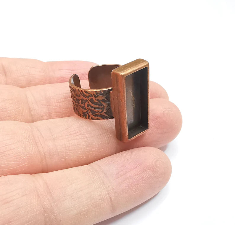 Rectangle Antique Copper Ring Blank Setting, Cabochon Mounting, 20x8mm Adjustable Resin Ring Base Bezel, Inlay Ring Mosaic Ring Bezel (G29479)