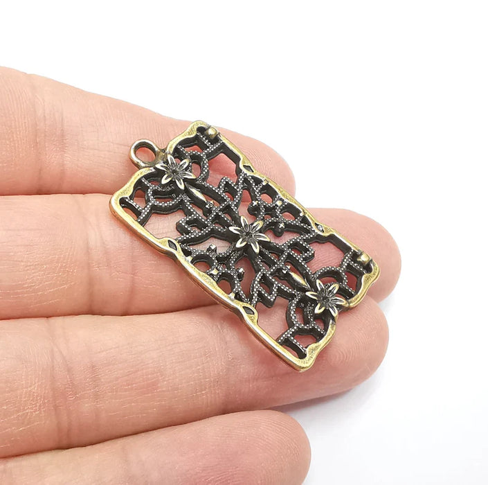 Rectangle Filigree Flower Dangle Charms, Earring Charms, Flower Pendant, Jewelry Findings, Antique Bronze Plated Charms (44x25mm) G29480