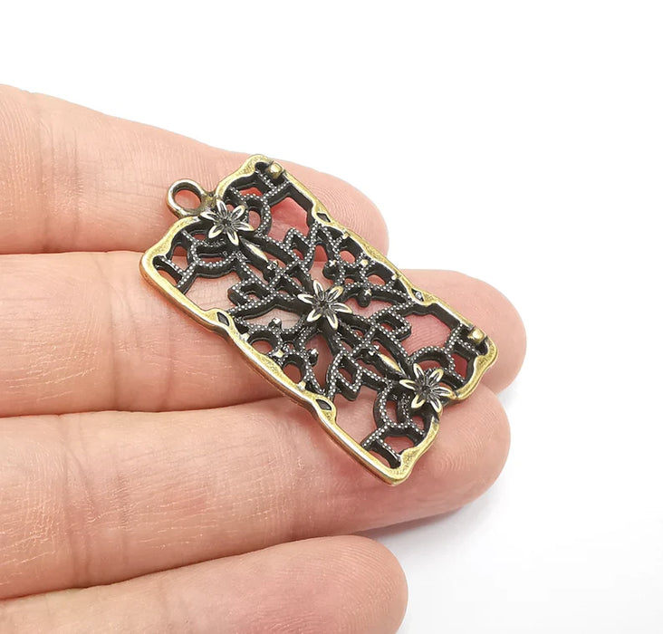 Rectangle Filigree Flower Dangle Charms, Earring Charms, Flower Pendant, Jewelry Findings, Antique Bronze Plated Charms (44x25mm) G29480