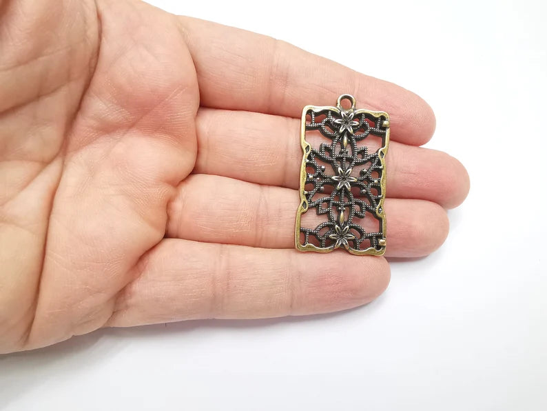 Rectangle Filigree Flower Dangle Charms, Earring Charms, Flower Pendant, Jewelry Findings, Antique Bronze Plated Charms (44x25mm) G29480