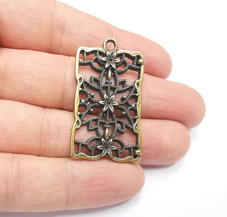 Rectangle Filigree Flower Dangle Charms, Earring Charms, Flower Pendant, Jewelry Findings, Antique Bronze Plated Charms (44x25mm) G29480