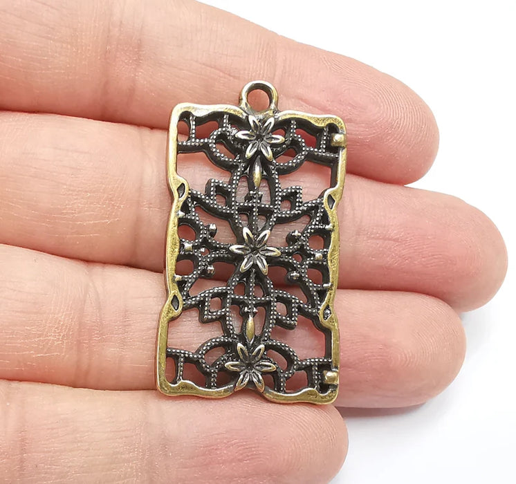 Rectangle Filigree Flower Dangle Charms, Earring Charms, Flower Pendant, Jewelry Findings, Antique Bronze Plated Charms (44x25mm) G29480