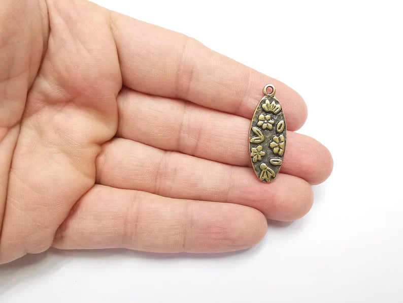Flower Charms, Leaf Oval Dangle Pendant, Earring Charms, Jewelry Findings, Antique Bronze Plated (34x13mm) G29481