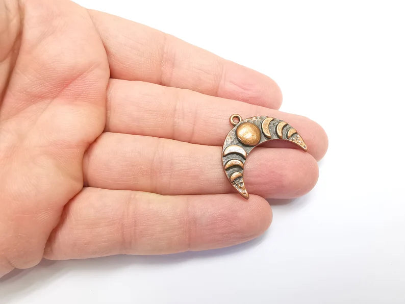 Crescent Moon Charms, The Phases of The Moon, Antique Copper Plated Round Charms (29x24mm) G29262