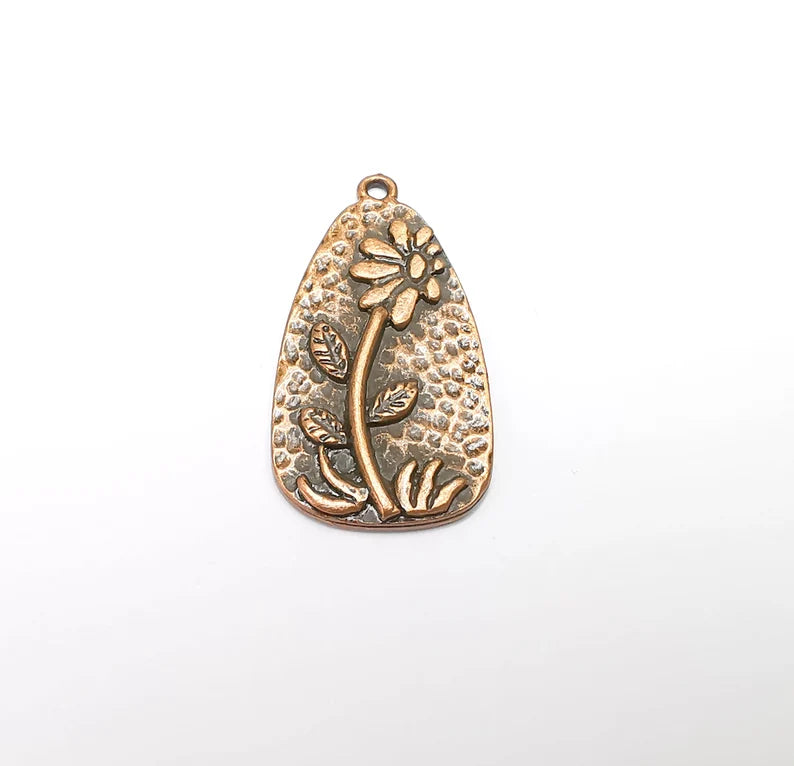 Flower Charms Antique Copper Plated Hammered Plant Charms (41x22mm) G29263